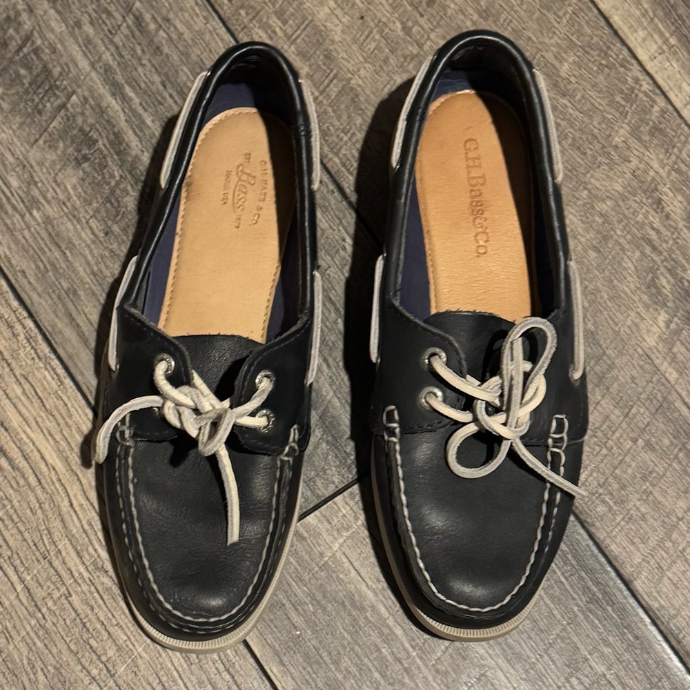 G.H. Bass & Co. Navy Leather Boat Shoes with White Laces